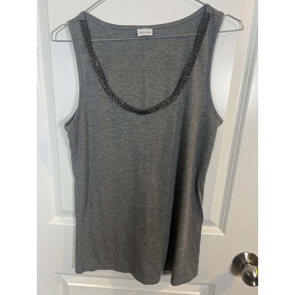 Lascana Womens Tank Top Rhinestone Beaded Trim Gray Size 4/6